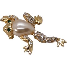 Vintage Gold Tone Frog Brooch Pin Clear AB Rhinestone Crystals Faux Pearl Belly - £10.46 GBP