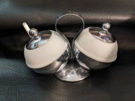 Art Deco Chase &amp; Co Chrome Milk Glass Double Condiment Bowls Server Spoon - $98.00