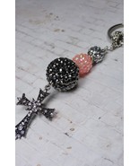 Rhinestone Ball Cross Black Silver Pink Split Ring Keychain Handmade New - £15.56 GBP