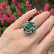 4Ct Cushion Cut CZ Green Emerald Halo Engagement Ring 14K White Gold Finish - £101.89 GBP