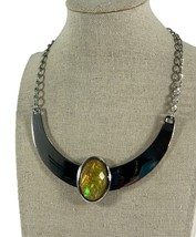 Silver Tone Necklace Faux Opal Fire Yellow Oval 14&quot;-17&quot; Long Statement - £11.45 GBP