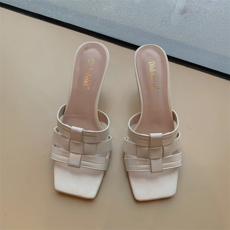 2024 Summer New Fashion Weave Women Slipper Thin High Heel Ladies Eelgant Sandal - $71.00