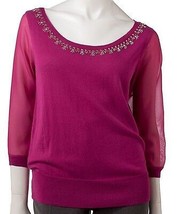 Elle Womens Scoop Neck Magenta Sweater Top Chiffon Sleeves - $29.99
