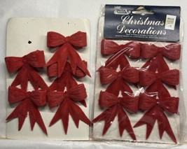 Vintage 11 Red Velvet Flocked Plastic Christmas Bows Ornaments Wired Ribbon - £5.93 GBP