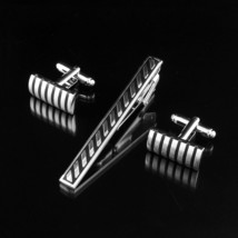 Striped Men&#39;s Cufflinks Tie Clip High Quality Metal Cuff Buttons - £32.05 GBP