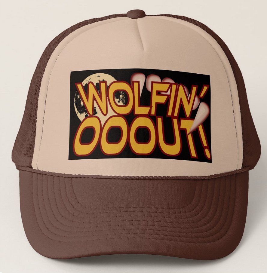 WOLFIN' OOOUT! Full Moon Werewolf Fangs Trucker Hat - Brown & Tan