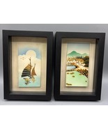 Vtg 50s Set Of 2 Framed Chinese Art 3d Bamboo Painting Sailboat Mountain - $43.45