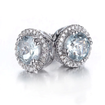 5CT Lab Created Aquamarine Halo Diamond Stud Earrings 14k White Gold Finish - £67.79 GBP