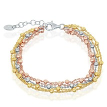 Tri-color Sterling Silver Multi Strand Round Diamond-cut Beads Bracelet - £75.75 GBP