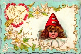 Child In Red Cone Hat Heart Gift Diecut Valentines Embossed UNP 1910s Postcard - £14.36 GBP