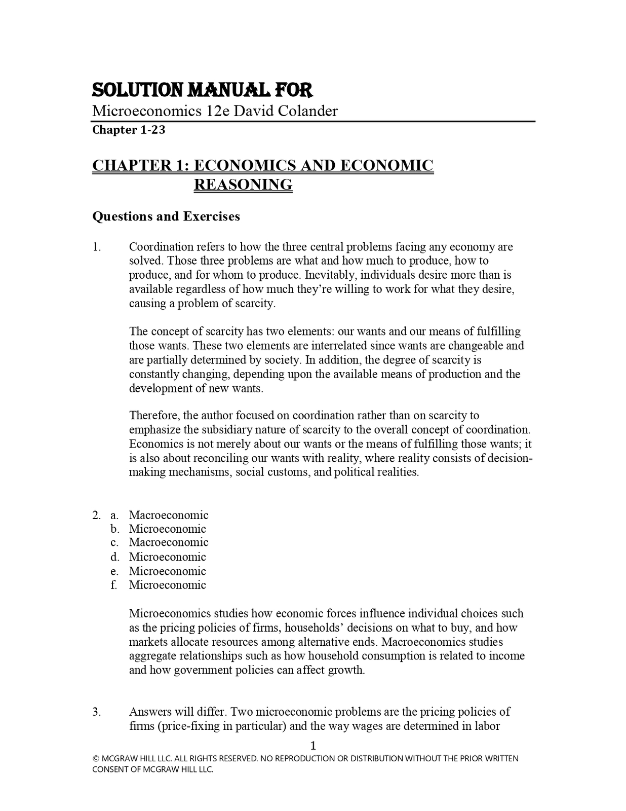 Solution Manual For Microeconomics 12e David Colander Chapter(1-23) - $17.99