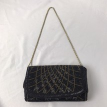 Vintage Beaded Clutch Bag w/ long Gold Chain Handle, Black &amp; Gold - £13.84 GBP