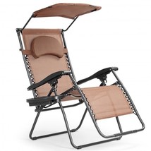 Folding Recliner Lounge Chair with Canopy and Cup Holder-Coffee - £76.48 GBP