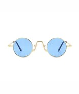 Retro Round Blue Lens Sunglasses Gold Metal Frame, Vintage 60s 70s Hippie Style - $302.54 MXN