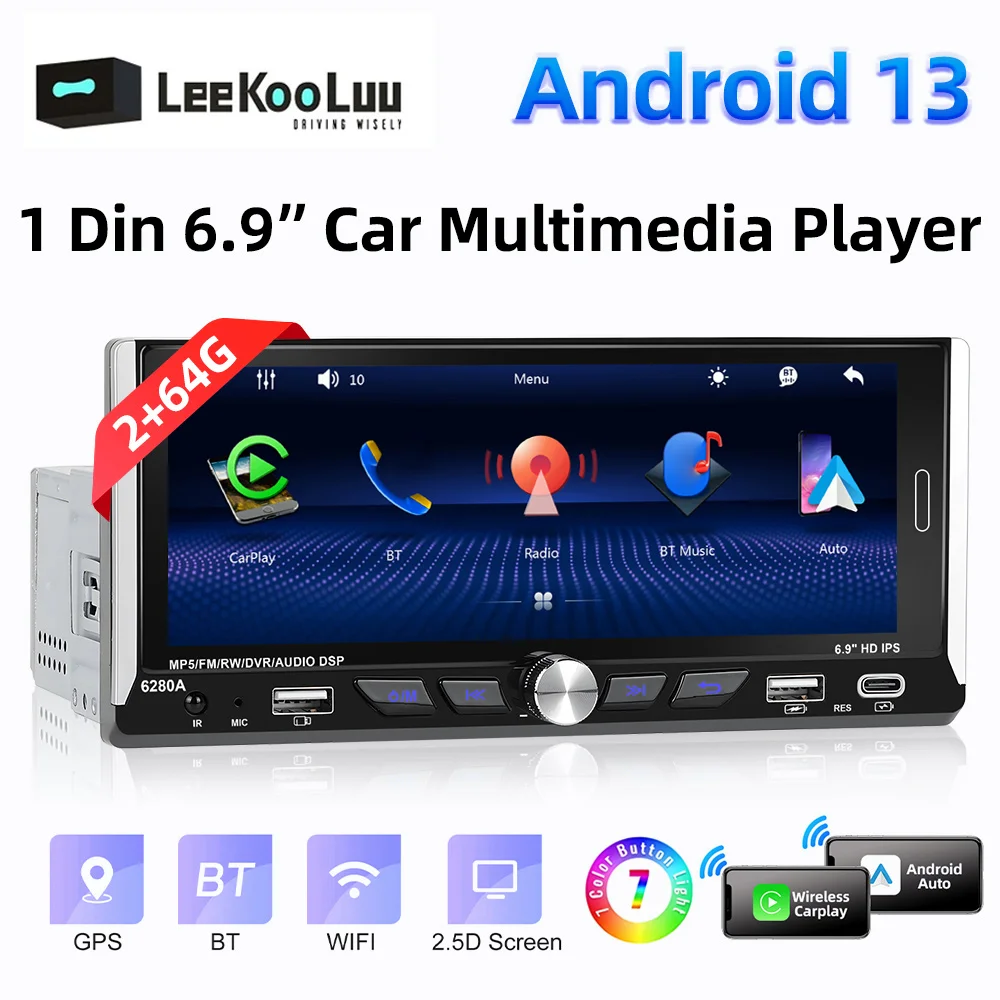 LeeKooLuu  6.9&quot; 2.5D IPS Android 13.0 Car Radio 1 Din Center Multimedia Player - £85.63 GBP+