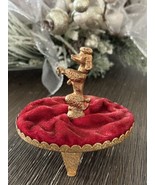 Vintage Red Velvet Pin Cushion Gold Tone Poodle &amp; Base Great Sewing Coll... - £8.22 GBP