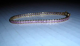 10Ct Princess Simulated Pink Sapphire Tennis Bracelet 14K Yellow Gold Plated - £218.33 GBP