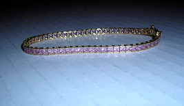 10Ct Princess Simulated Pink Sapphire Tennis Bracelet 14K Yellow Gold Plated - £217.34 GBP