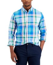 MSRP $55 Club Room Men&#39;s Slim-Fit Stretch Plaid Poplin Shirt Blue Size Medium - £18.62 GBP