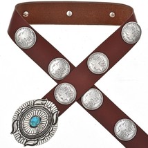 Navajo Morgan Dollar Replica Concho Belt w Turquoise Old Pawn Style Buckle - £290.62 GBP