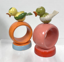 2PC Erzgebirge Style Baby Bird Napkin Ring Holders 3" T Yellow Green Pink - $29.21