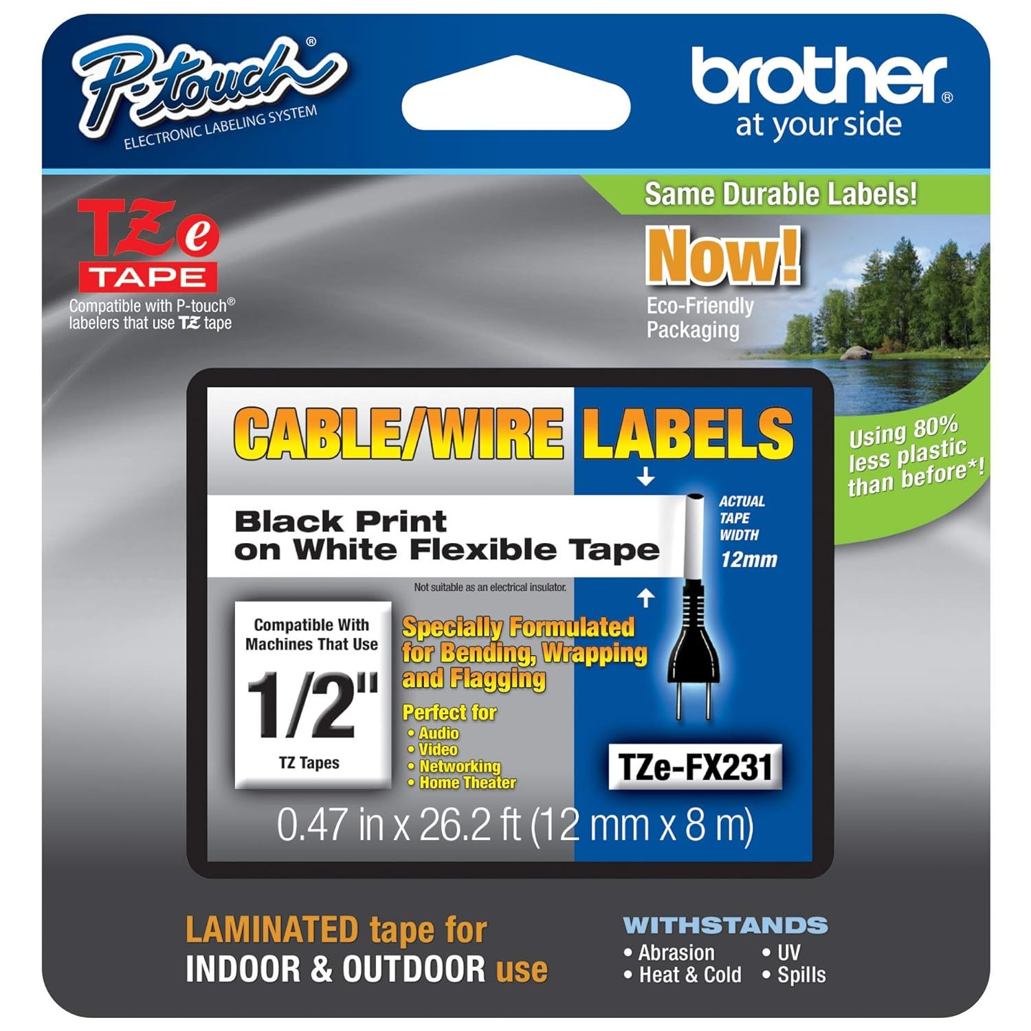 Primary image for Brother Genuine P-Touch TZE-FX231 Tape, 1/2" (0.47") Wide Flexible-ID Laminated 
