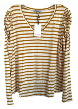 Green Envelope Women&#39;s Top Rayon Long Ruched Sleeve Size L Mustard White Striped - £15.77 GBP