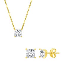 Sterling Silver, Solitaire 6mm Princess-Cut CZ, Necklace &amp; Earrings Set - £45.54 GBP