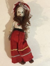 9” tall Doll With Porcelain Face and Hard Feet in Red Skirt Toy T6 - $12.86