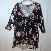 Torrid Size 1 Black Floral Babydoll Knit Top Shirt 3/4 Sleeves - £19.45 GBP