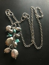 Estate Long Silvertone Chain w Silver &amp; Turquoise Colored Plastic Bead Tassel - £11.24 GBP