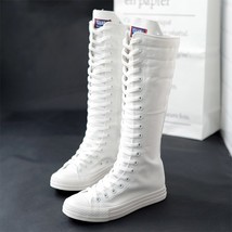 Women Canvas Lace Up Knee High Boots Cross Tied Zip Plus Size Ladies Flat Shoes  - £61.65 GBP