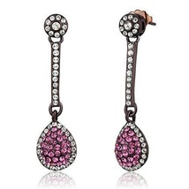 Brown Plated Stainless Steel Pink and Clear Crystal Dangle Earrings TK316 - £13.59 GBP