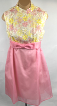 Vintage Womens Dress Organza Embroidered Pink &amp; Yellow Flowers Floral Daisy - £54.87 GBP