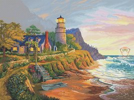 Lighthouse cross stitch sea coast pdf pattern - sea embroidery sunset chart - $23.99