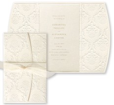 Embossed Brocade Wrap Wedding Invitations Ribbon Tie Luxury Shimmer Pape... - £429.93 GBP