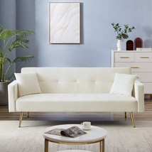 Cream White Velvet Convertible Folding Futon Sofa Bed , Sleeper Sofa Couch - £311.65 GBP