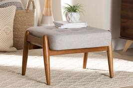 Clarke Japandi Greyish Beige Fabric and Walnut Brown Ottoman Footstool - $1,970.95 MXN