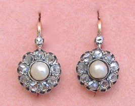 ANTIQUE VICTORIAN .63ctw ROSE DIAMOND PEARL 18K SILVER CLUSTER EARRINGS ... - €1.289,09 EUR