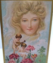 Fantasy Postcard Giant Blonde Goddess In Clouds Carnations Cherub Angels... - £17.14 GBP