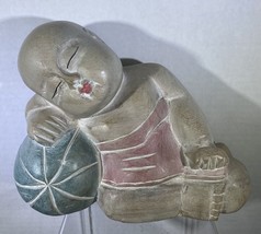 Asian Figurine Wood Hand Carved  Sleeping Child On Melon Ball 7” - £14.60 GBP