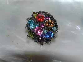 Estate Large Colorful Rhinestone Cluster in Oxidized Silvertone Adjustable Ring  - £9.74 GBP