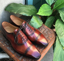 Handmade Leather Cognac Patina Oxfords for Men Custom Made Formal Dress Shoes - £119.89 GBP+