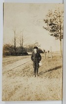 RPPC Young Boy Along Side the Road with Lunch Pail Newsboy Cap Postcard Q13 - £11.75 GBP