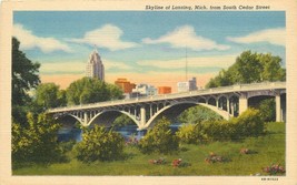 Linen Postcard MI L242 Skyline Lansing from South Cedar Street Bridge Curteich - £5.30 GBP