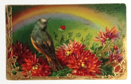 Best Wishes Rainbow Blue Bird Flowers Gold Embossed Gel Postcard c1900s Germany - $9.99