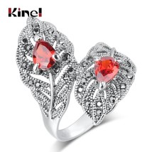 Luxury Red Zircon Ring For Women Silver Color Hollow Leaf Crystal Big Rings Wedd - £6.80 GBP