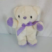 Vintage Nanco Stuffed Plush Teddy Bear White Purple 11&quot; Satin Ribbon Bow - $69.29
