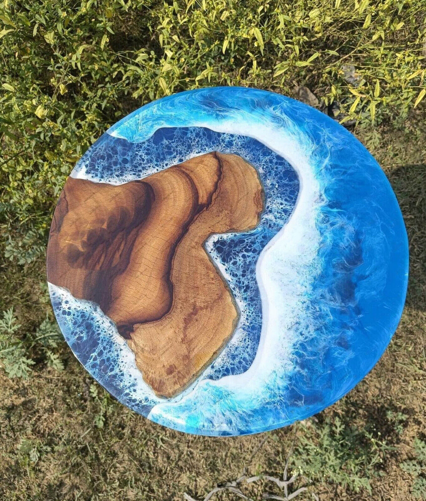 Ocean Wave Blue Epoxy Resin Table Tops Round Shape Handmade Patio Hallwa... - $249.72+