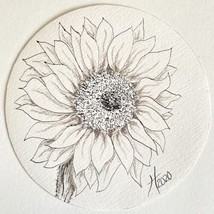 Sunflower Mood - Original Art Round Handmade Pen Pencil Painting Framed 7&quot; - £59.91 GBP